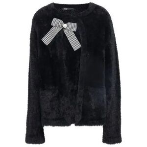 Maje Fuzzy Black Sweater/Cardigan with Checkered Bow